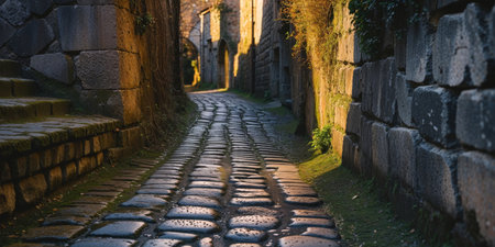 AI Generated. Sunlit Cobblestone Alleyway Between Ancient Stone Wallsの素材