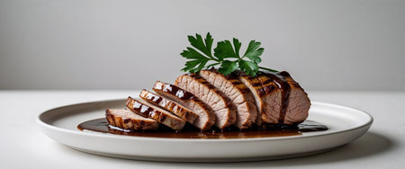 AI Generated. Succulent Grilled Pork Tenderloin Slices Drizzled With Rich Sauce Served On White Plate Garnished With Fresh Parsleyの素材