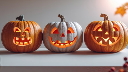 AI Generated. Three carved pumpkins with facial expressions for a festive holiday displayの素材