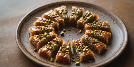 AI Generated. Delicious Pistachio Baklava on Rustic Plateの素材
