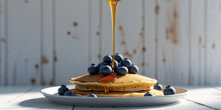 AI Generated. Delicious Pancakes with Blueberries and Drizzled Honey Sweet Breakfast Treatの素材