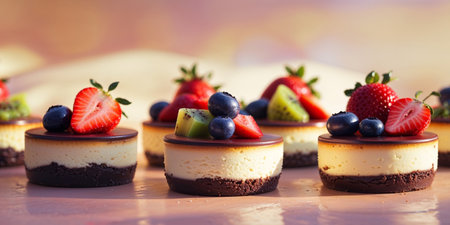 AI Generated. Delightful Mini Chocolate Cheesecakes Topped with Fresh Fruit for a Sweet Indulgenceの素材