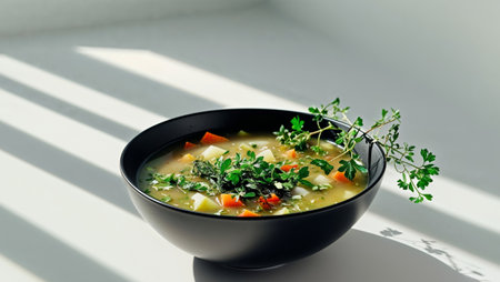 AI Generated. Healthy Vegetable Soup with Fresh Herbs in Black Bowlの素材