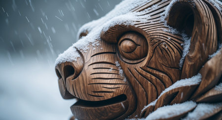 A detailed closeup of a wooden lion sculpture dusted with snow. The background shows falling snowflakes, creating a serene winter scene. The sculptures wood grain adds warmth.の素材