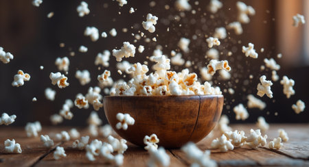 A dynamic shot captures popcorn in midair, exploding from a wooden bowl. The kernels create a sense of movement and offer a tempting treat on a wood surface.の素材
