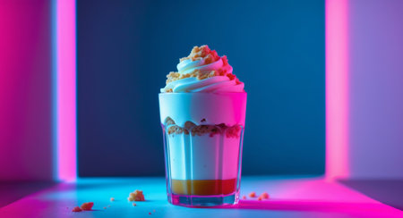 This enticing image shows a dessert parfait layered in a glass, topped with whipped cream and crumbs. It is staged against a neon pink and blue background.の素材