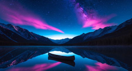 An atmospheric scene with a canoe floating on calm water, reflecting a mesmerizing night sky filled with stars, pink clouds, and the silhouette of majestic mountains.の素材