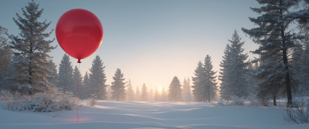 A solitary red balloon floats above a serene, snowcovered landscape, contrasting with the wintery trees and soft, warm sunlight. A whimsical touch to a quiet scene.の素材