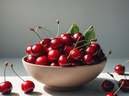 A closeup studio shot showcasing a bowl overflowing with ripe, red cherries. The image highlights their vibrant color and appealing texture, inviting viewers to savor their sweetness.の素材