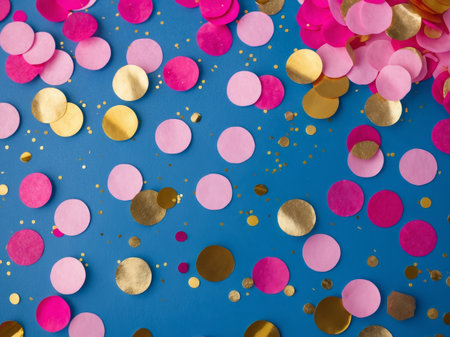A vibrant flat lay image of pink, light pink and gold confetti scattered on a blue surface, accented with tiny gold dot sprinkles. Perfect for festive occasions.の素材