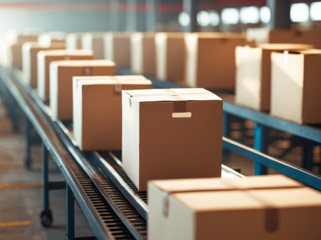 Cardboard boxes moving on a conveyor belt in a warehouse. Illustrates logistics, distribution, ecommerce and industrial processes.の素材