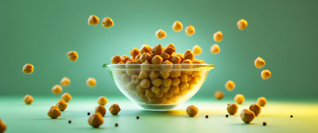 A clear glass bowl filled with chickpeas sits against a light green backdrop, with more chickpeas suspended in midair. A few small black peppercorns also dot the surface.の素材