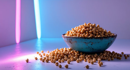 A bowl of chickpeas spills onto a surface bathed in the glow of pink and blue neon lights, creating a vibrant and modern food still life image.の素材
