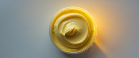 A closeup, overhead shot features a container of creamy, swirled yellow substance. The lighting highlights the smooth texture and swirl pattern. It could be a dessert topping or cosmetic cream.の素材