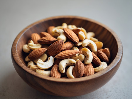 A wooden bowl is filled with almonds and cashews, showcasing a nutritious and tasty snack option. Its a source of healthy fats, protein, and essential nutrients.の素材