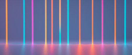 An abstract background featuring vertical stripes of neon lights in various colors. The stripes are reflected on a smooth, shiny surface below, creating a vibrant visual effect.の素材