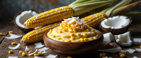This image showcases a creamy corn pudding with coconut flakes in a wooden bowl, paired with fresh corn cobs and coconut halves on a rustic wooden surface.の素材