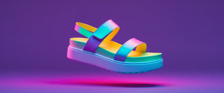 A single platform sandal is illuminated by vivid neon lights, creating a striking contrast. The bright colors and contemporary design make it visually appealing.の素材