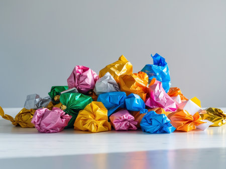 A vibrant pile of candies, each wrapped in colorful, shiny foil, creates a festive mood. Perfect for holidays, celebrations, and satisfying a sweet craving.の素材