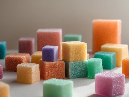 A closeup shot showcasing colorful, sugarcoated cubes arranged on a clean white surface. The vibrant colors and texture of the sweets create a visually appealing composition.の素材