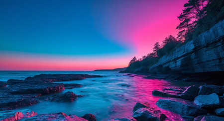 A breathtaking coastal landscape featuring a stunning sunset with rocks, sea, and sky. Vibrant pink and blue hues create a mesmerizing and serene atmosphere, perfect for contemplation.の素材