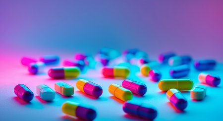 This image showcases a variety of vibrant pharmaceutical capsules. It represents the healthcare industry and medicines, and evokes feelings of health and wellbeing.の素材