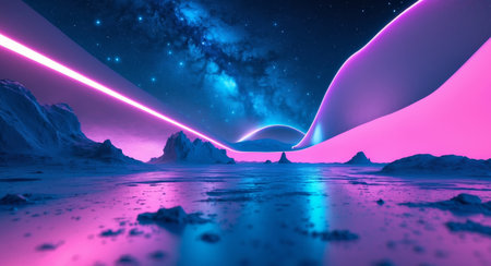 This digital artwork presents a vibrant futuristic landscape with neon lights piercing through the sky, set against a backdrop of the Milky Way. The scene blends fantasy and technology.の素材