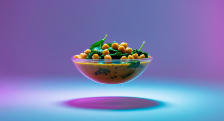 A clear bowl filled with a healthy chickpea and spinach salad levitates against a purple and blue gradient. The lighting enhances the food and the backdrop.の素材