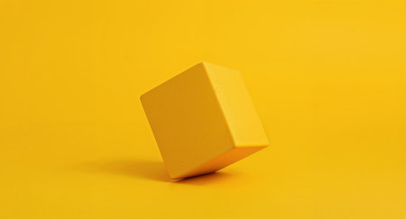 A minimalist studio shot featuring a bright yellow cube balanced on a yellow background. The scene is simple, emphasizing shape, color, and shadow play.の素材