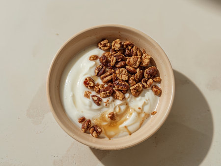 A creamy bowl of yogurt topped with candied walnuts and drizzled with honey is a healthy and delicious breakfast option. The walnuts add a satisfying crunch.の素材
