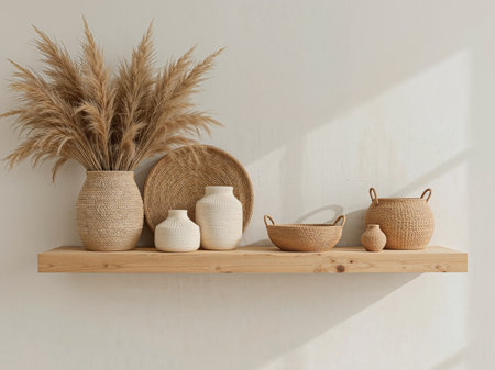 This serene still life features a collection of woven vases, baskets, and pampas grass displayed on a floating wooden shelf against a neutral wall.の素材