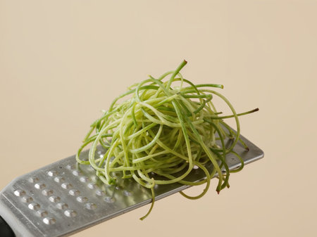 A closeup shows zucchini noodles piled on a grater, highlighting healthy eating and vegetable preparation. It emphasizes the use of kitchen tools for nutritious meals.の素材