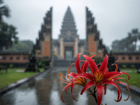 A vivid red lily, adorned with raindrops, stands in stark contrast to the muted tones of a Balinese temple visible in the background captured on a rainy day.の素材
