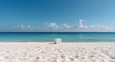 Serene tropical beach scene featuring a single white cube on the white sand, juxtaposed against the vibrant turquoise ocean and clear blue sky. A minimalist and calming aesthetic.の素材
