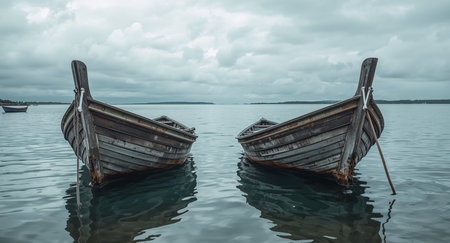 This image captures two weathered wooden boats at rest in a tranquil lake. The sky is overcast, creating a soft, diffused light that enhances the scenes calm, peaceful nature.の素材