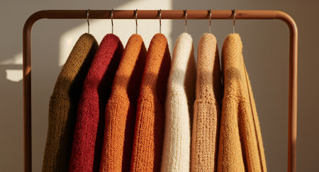 A collection of textured knit sweaters, hanging neatly on a minimalist wooden rack, illuminated by soft, natural light. The color palette evokes autumn warmth.の素材