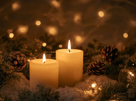 Two lit candles amidst snowy pine branches, adorned with pine cones and twinkling fairy lights. A warm, inviting scene, capturing the magic of the Christmas season.の素材