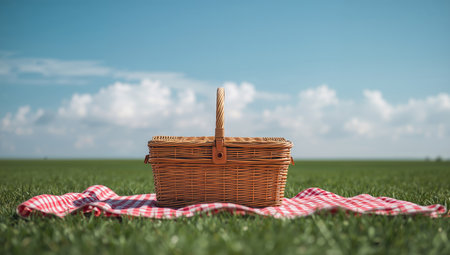 A beautifully woven picnic basket sits on a red and white checkered blanket, placed on a vibrant green field under a clear blue sky with fluffy white clouds. It evokes a sense of summertime.の素材