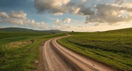 A picturesque view of a winding dirt road leading through green, rolling hills. Fluffy clouds fill the sky, and the warm light of sunset illuminates the landscape.の素材