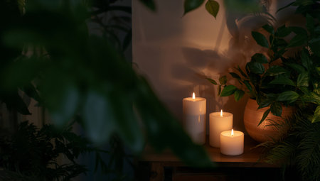 This image features a serene setting with glowing candles and lush green plants. It shows a tranquil scene perfect for creating a calm and relaxed ambiance.の素材
