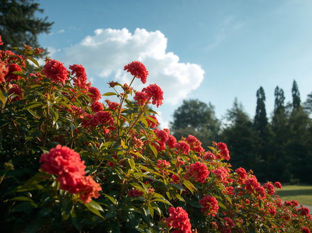 This image showcases a vibrant display of red flowers in full bloom, set against a backdrop of lush green foliage and a clear blue sky with fluffy clouds. Its a beautiful summer scene.の素材