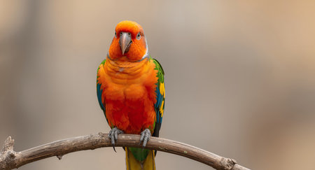 A stunning closeup portrait of a Plumcrowned Parrot showcasing its bright orange plumage and striking details, set against a blurred background on a simple branch.の素材