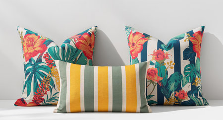 This image showcases a collection of decorative pillows featuring tropical floral patterns and bold stripes, set against a minimalist white background, adding a pop of color.の素材