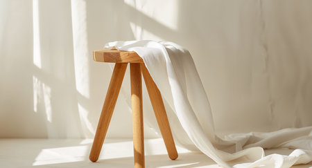 A minimalist image showcasing a wooden stool with a flowing white fabric draped over it. The composition is bathed in sunlight, creating soft shadows and a serene atmosphere.の素材
