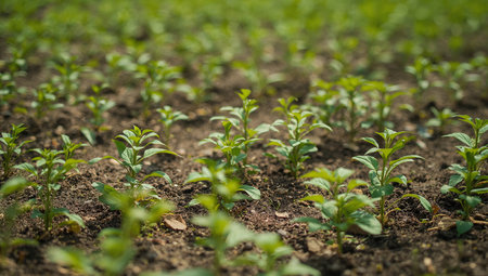 A field of young green plants, arranged in rows, showing the early stages of growth. The plants are small, vibrant and represent agriculture or gardening.の素材