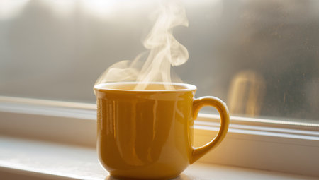 A closeup image shows a yellow ceramic mug with steam rising from a warm drink on a white window sill, bathed in soft, diffused sunlight.の素材