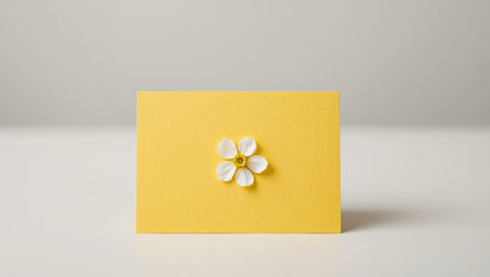 A minimalist still life featuring a bright yellow rectangular card with a delicate white flower in the center. Soft, diffused lighting creates a serene and inviting feel.の素材