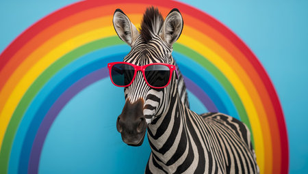 A zebra gazes forward wearing bright red sunglasses. Behind the animal is a blurred rainbow against a light blue backdrop, creating a colorful, surreal, and playful aesthetic.の素材