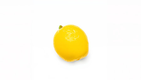 A striking, isolated yellow spherical object is centrally placed against a stark white background. The lighting emphasizes a glossy texture.の素材