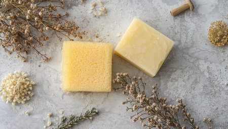 The image features two yellow square objects on a textured gray background, complemented by dried flower accents. The composition highlights texture and geometric shapes.の素材